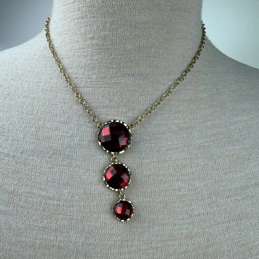 Red Acrylic Drop Gold Tone Chain Necklace 18